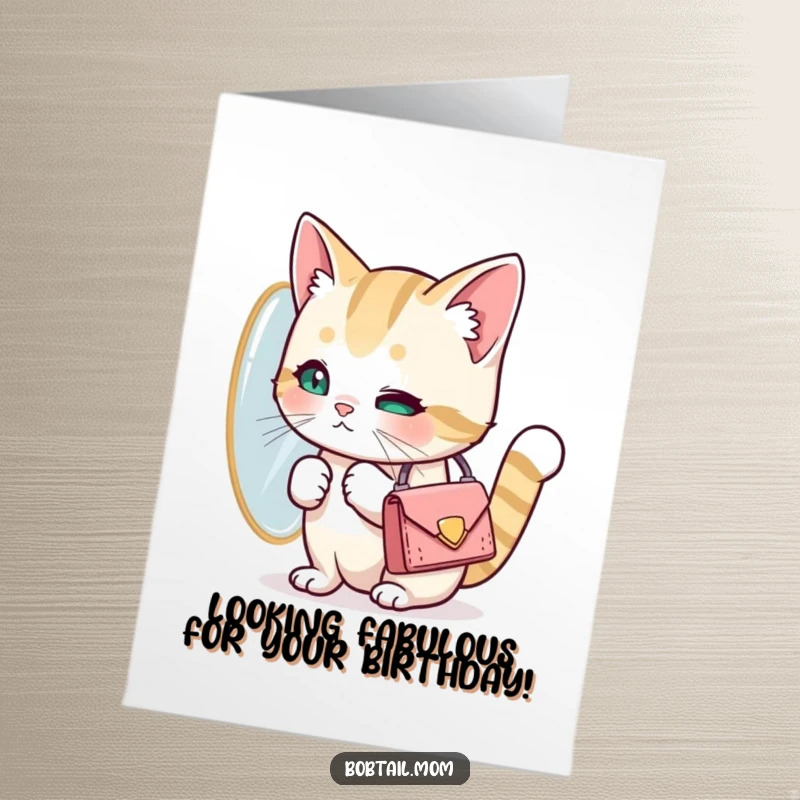 Funny Free Printable birthday card: A Bobtail cat with a tiny purse gazing admiringly at its reflection.