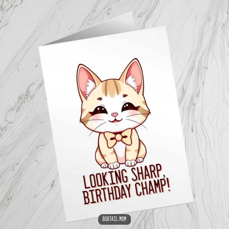 Funny Free Printable Birthday Card: A bobtail cat in a tiny bowtie smiles wide with charming delight.