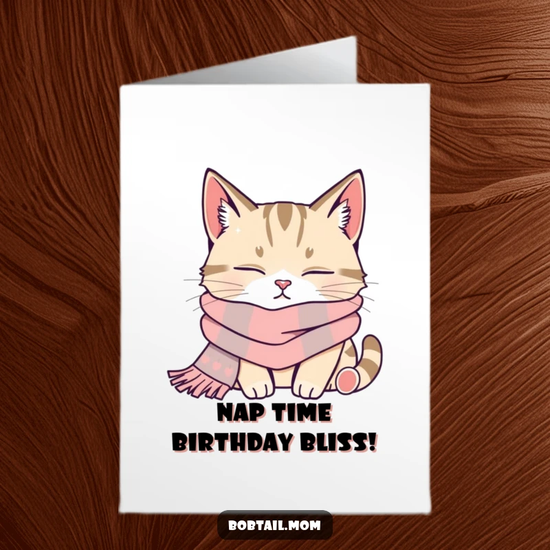 Funny Free Printable Birthday Card: A contented bobtail cat snuggled up, napping peacefully in a cozy scarf.