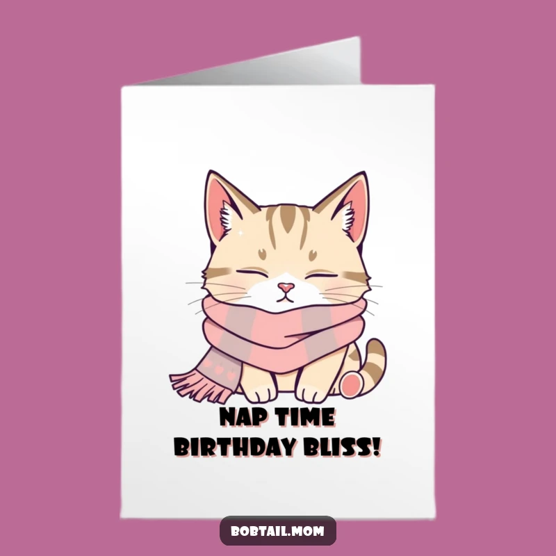 Cozy Bobtail Cat Birthday Card Free Printable: Napping Cat, Relaxing Downloadable Gift