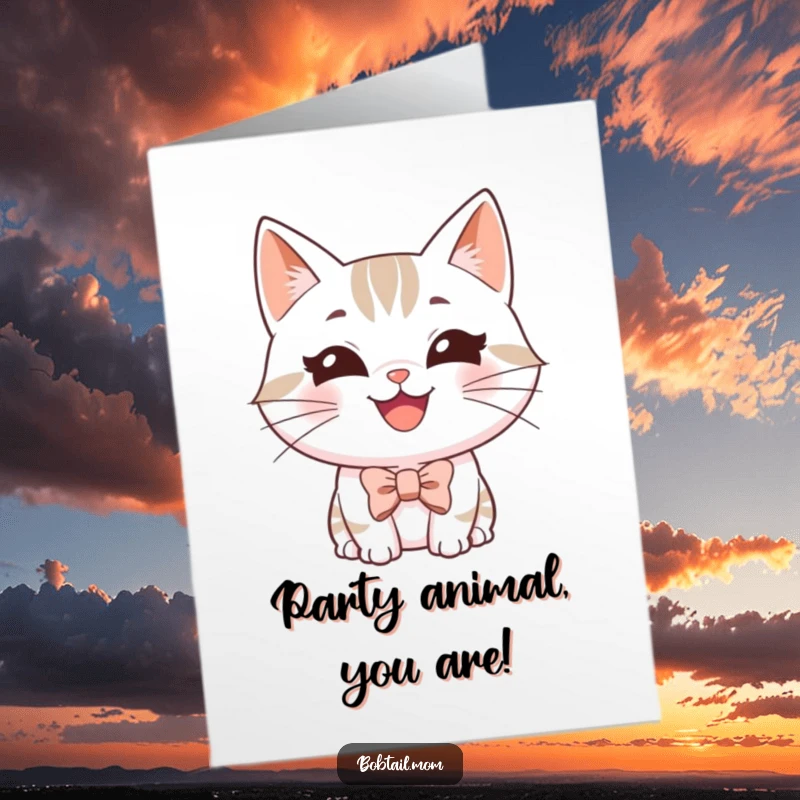 Funny Free Printable Birthday Card: A Bobtail cat with a happy grin wearing a smart tiny bowtie, looking festive.