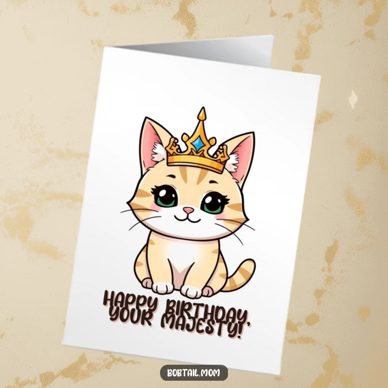 Free Printable Birthday Card: A majestic bobtail cat wearing a crown, smiling regally, wishing happy birthday.