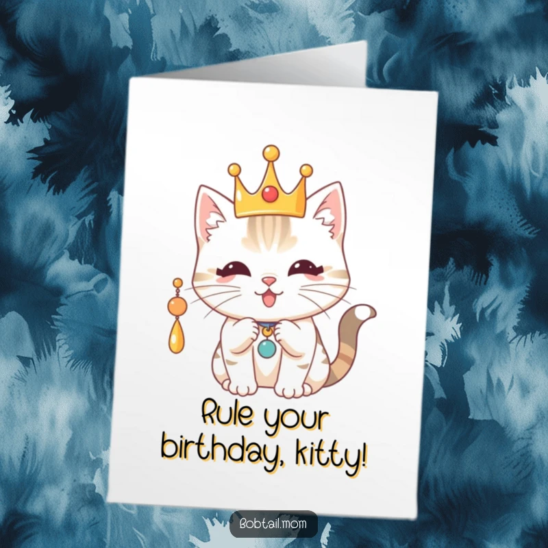 Funny Free Printable Royal Cat Birthday Card: Bobtail cat in a playful crown batting at a dangling charm, ready to celebrate.