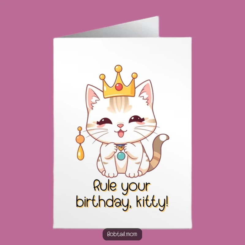 Free Printable Royal Cat Birthday Card: Playful Crown Bobtail Funny Downloadable Gift
