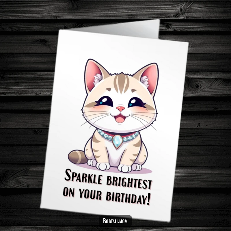 Funny Free Printable birthday card: A Bobtail cat with a sparkling collar beaming a contented smile.