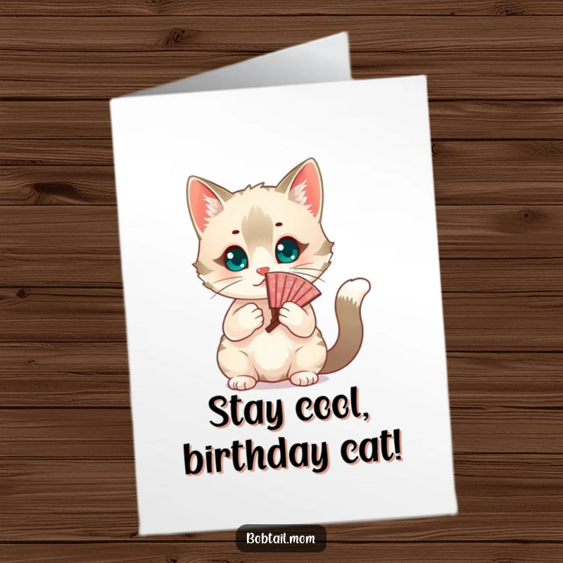 Funny Free Printable birthday card: A sophisticated Bobtail cat elegantly fanning itself with a decorative fan.
