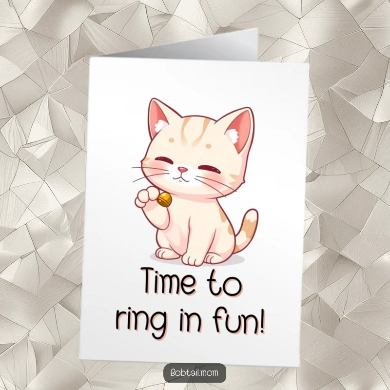Funny Free Printable Birthday Card: A Bobtail cat with a dainty paw, delicately tapping a small bell for fun.