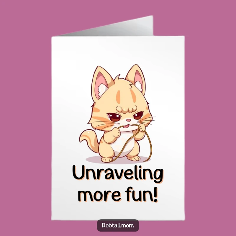 Free Printable Bobtail Birthday Card: Determined Cat Untangling String, Funny Downloadable Gift
