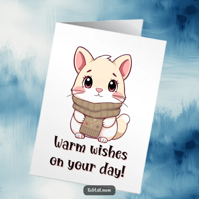 Funny Free Printable Birthday Card: A Bobtail cat wearing a knitted scarf looks cozy and attentively, ready for a party.