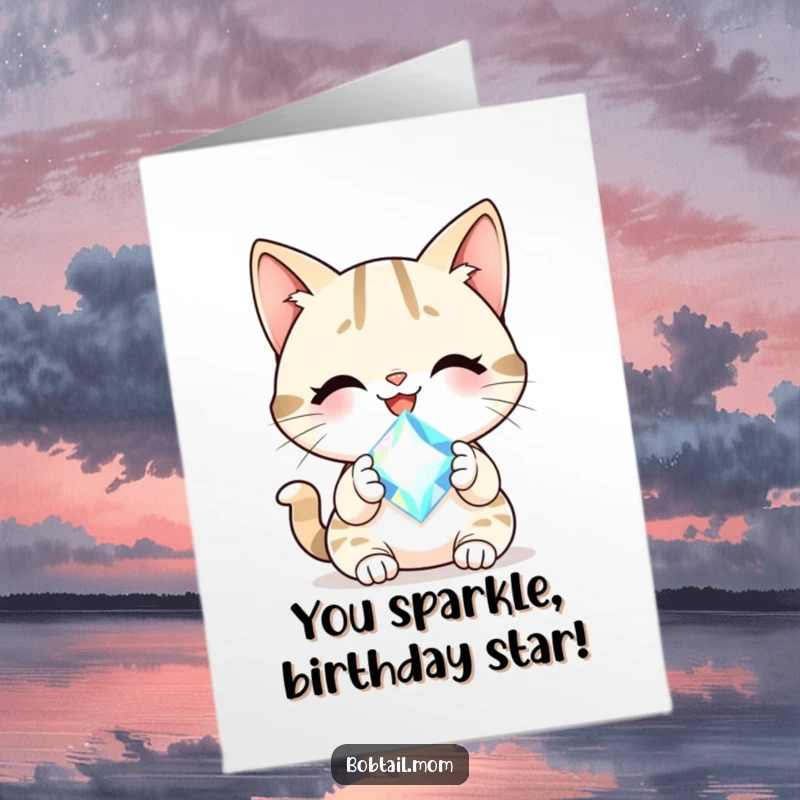 Funny Free Printable Birthday Card: Cheerful Bobtail cat holding a sparkling gem, celebrating a dazzling birthday.