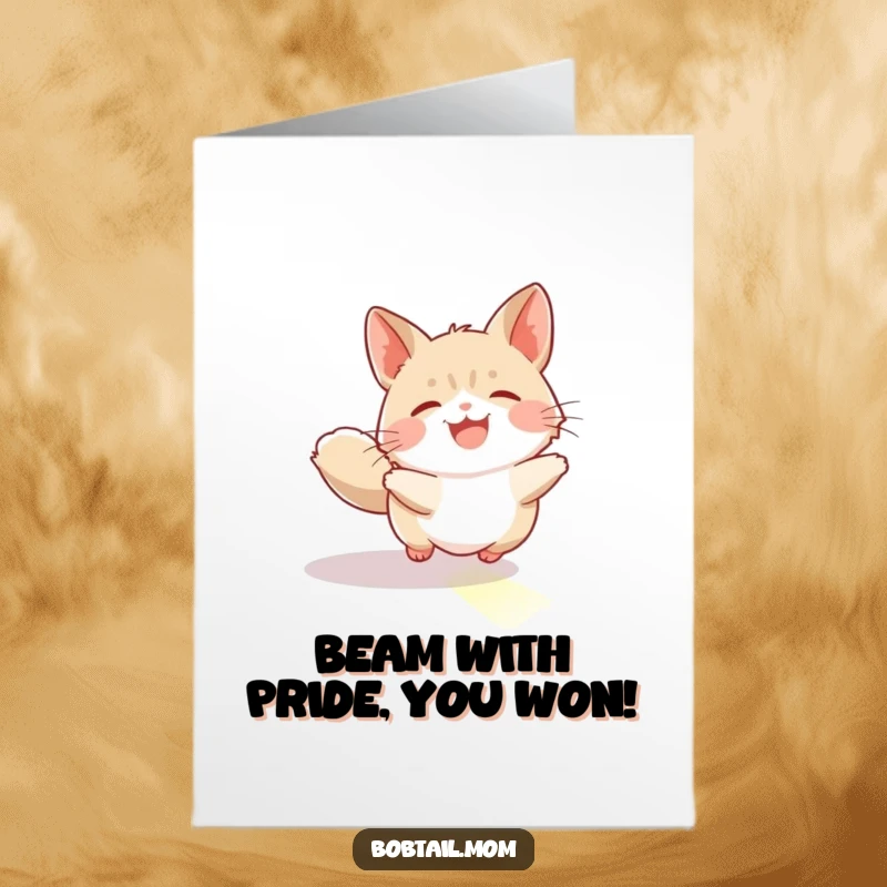 Funny Free Printable Congratulations Card: A happy Bobtail joyfully in pursuit of a dancing sunbeam on the floor.