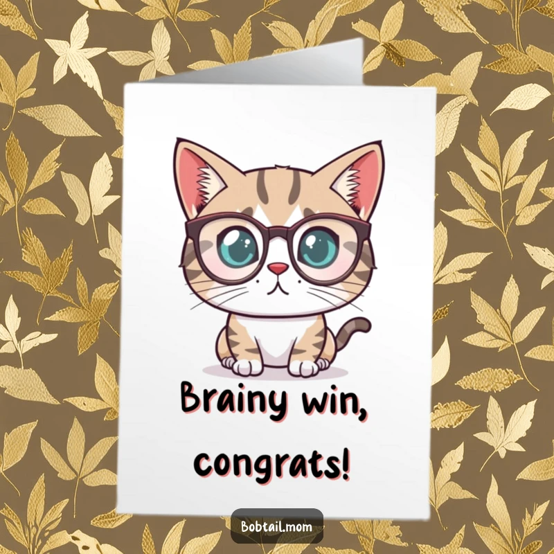 Funny Free Printable Congratulations Card: Determined Bobtail cat in reading glasses, celebrating a smart achievement.