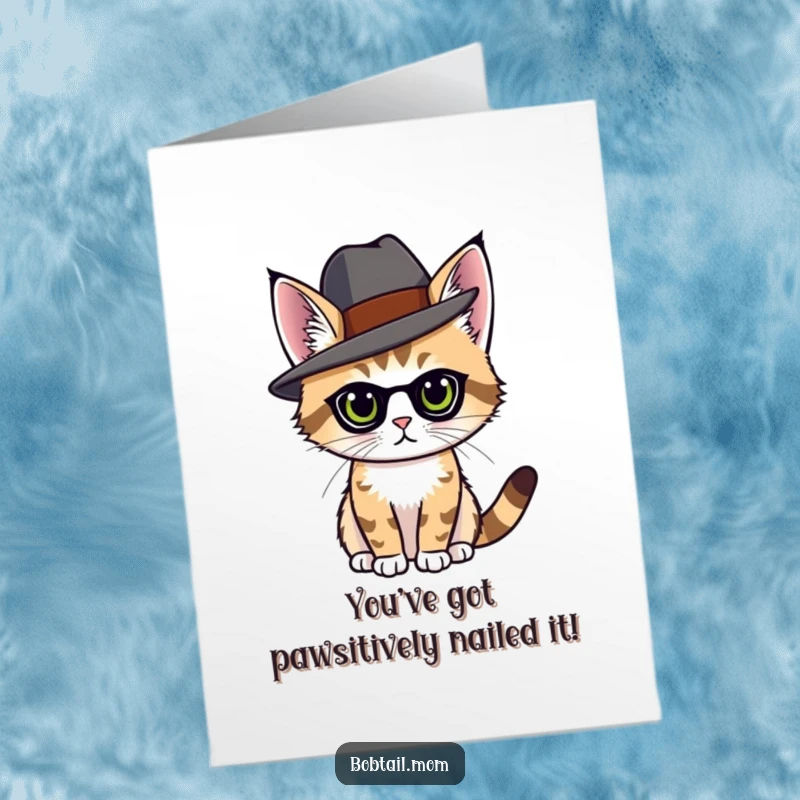 Funny free printable congratulations card: A bobtail cat wearing a fashionable hat strikes an elegant pose, radiating success.