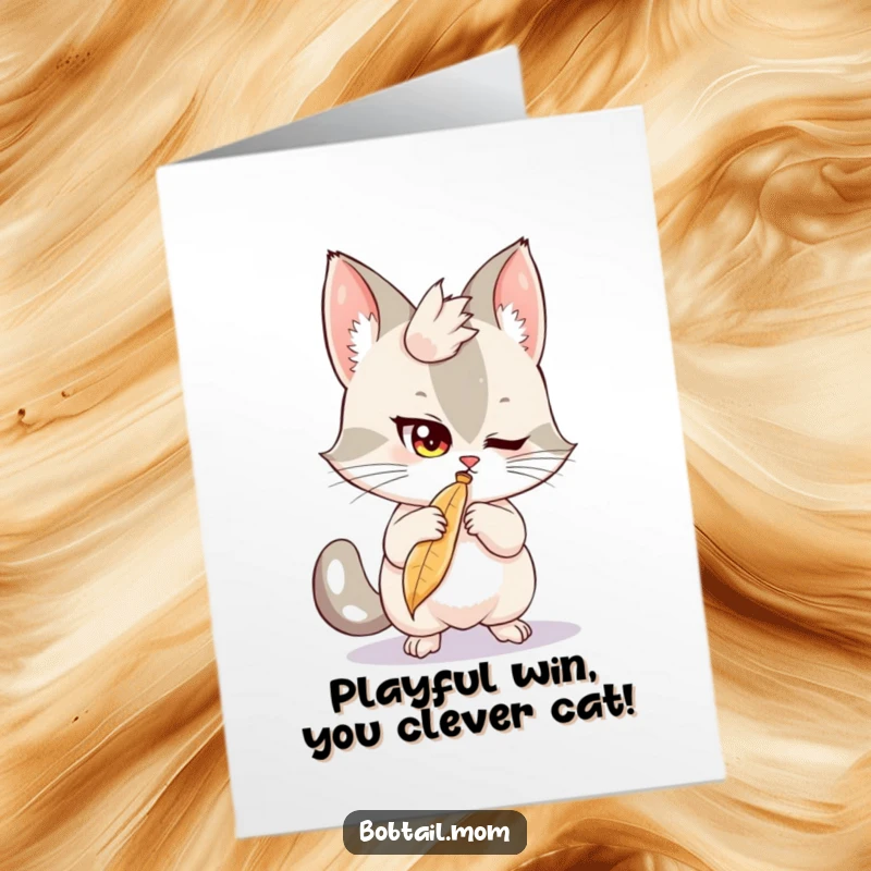 Funny Free Printable Congratulations Card: A Bobtail's mischievous eyes, batting playfully at a dangling feather in celebration.
