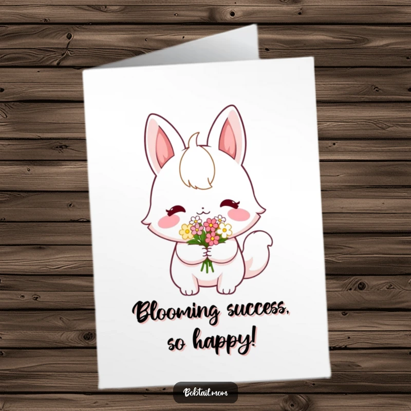 Funny Free Printable Congratulations Card: A shy Bobtail presenting a small bouquet of flowers with a gentle smile.