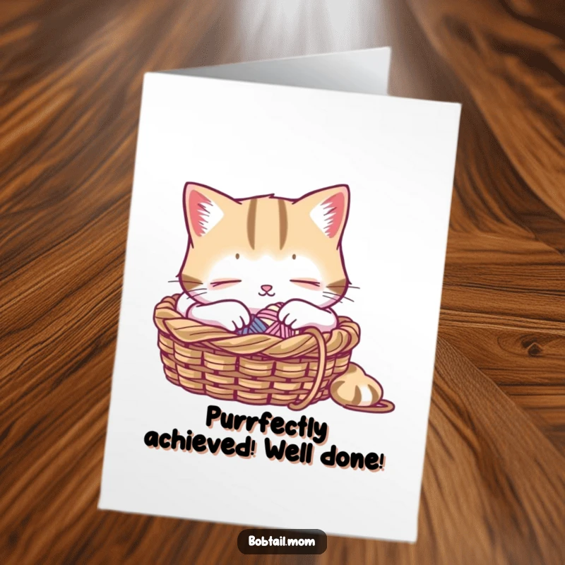 Funny Free Printable Congratulations Card: A Bobtail cat with a knitting basket naps soundly, celebrating your calm achievement.
