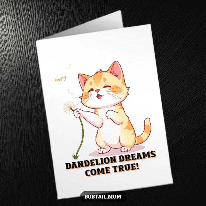 Funny Free Printable Congratulations Card: Bobtail cat playfully chases falling dandelion fluff, celebrating accomplishment.