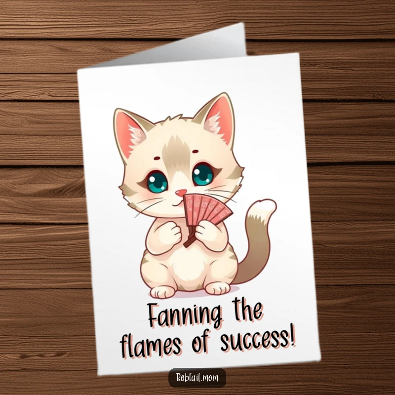 Free Printable congratulations card: A chic Bobtail cat using a decorative fan to keep cool and celebrate.