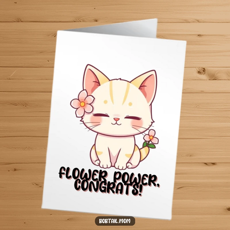 Funny Free Printable Congratulations Card: A bobtail cat wearing a flower looks serene and offers congratulations.
