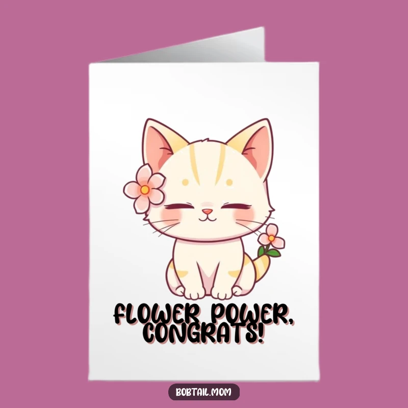 Free Printable Bobtail Cat Congrats Card: Floral Cat Serene Funny Downloadable Gift
