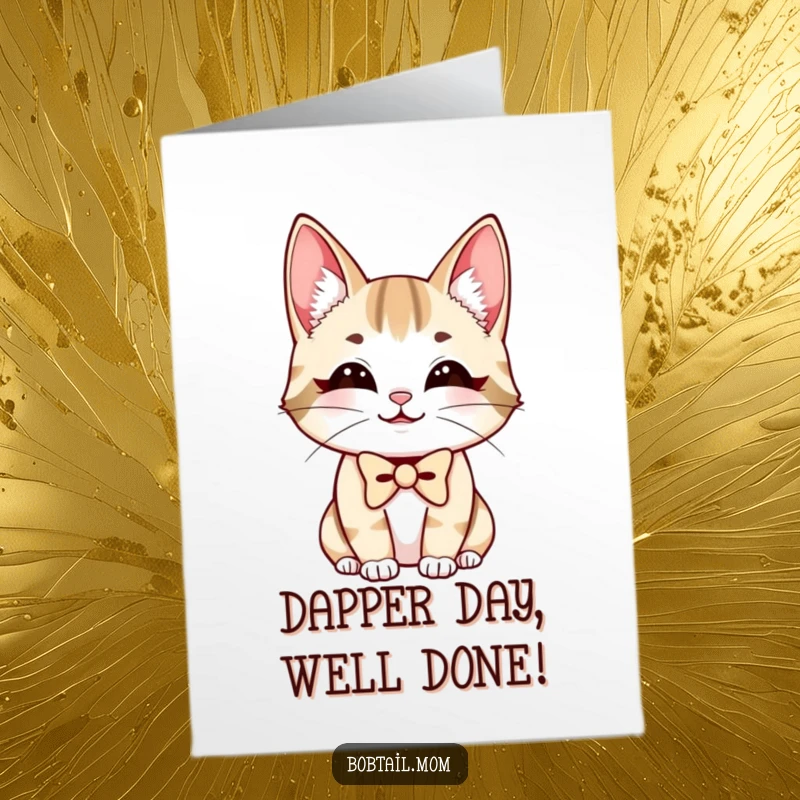 Funny Free Printable Congratulations Card: A bobtail cat sporting a neat bowtie offers warm congratulations.