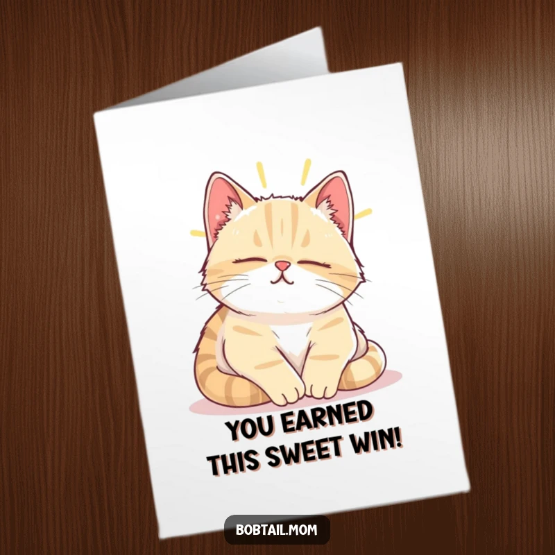 Funny Free Printable Congratulations Card: Bobtail cat napping in a sunbeam with a contented sigh, a relaxing DIY gift.