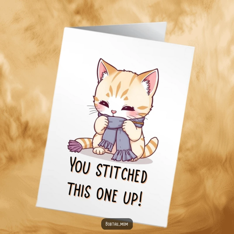 Free Printable congratulations card: A determined Bobtail cat attempting to knit a miniature, slightly wonky scarf.