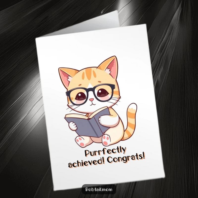 Funny Free Printable Bobtail Cat with glasses reading a book, celebrating congratulations, witty and downloadable.