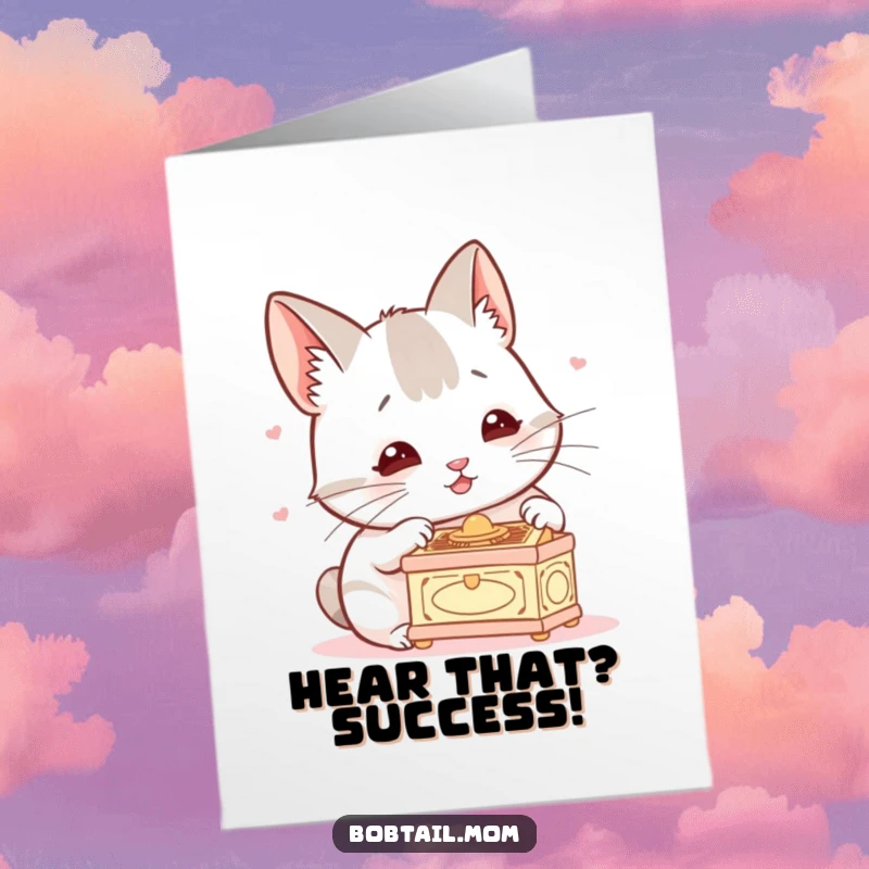 Funny Free Printable Congrats Card: A Bobtail cat with twitching ears is captivated by a tiny music box, perfect for celebrations.