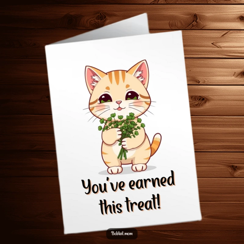 Funny Free Printable Catnip Cat Congratulations Card: Bobtail cat with a catnip bouquet, celebrating an achievement happily.