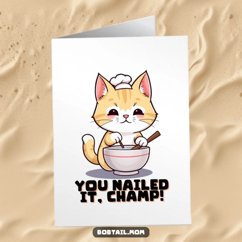 Funny Free Printable Congratulations Card: Chef Bobtail cat in tiny hat stirring a bowl, celebrating a delicious achievement.
