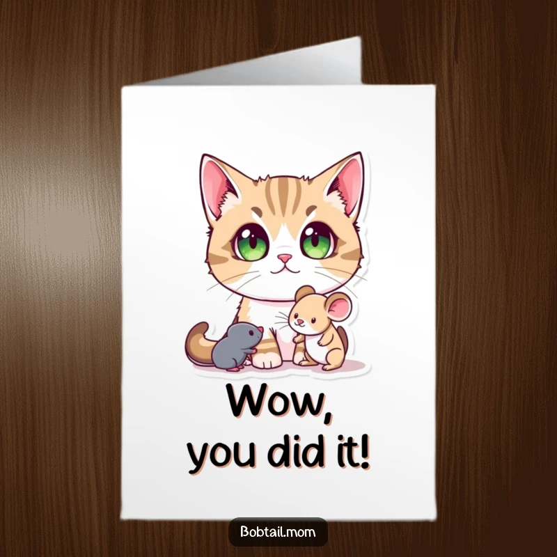 Funny Free Printable Congratulations Card: A Bobtail cat with large, curious pupils marveling at a toy mouse.