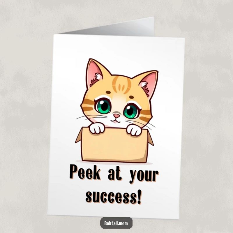Funny Free Printable Congratulations Card: Curious Bobtail cat peeking from a box, celebrating achievements.