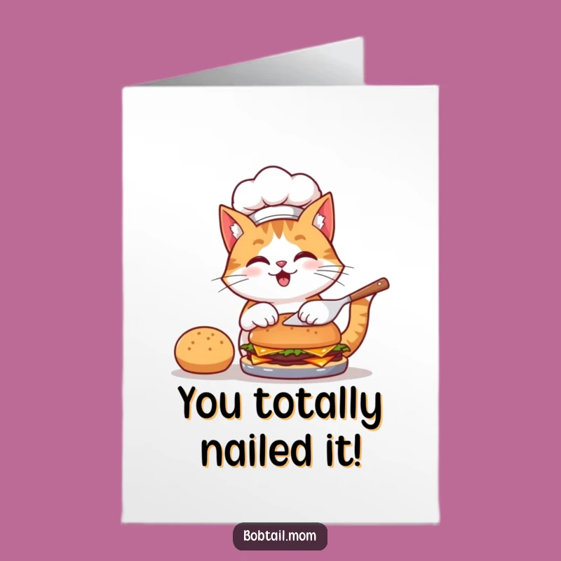 Free Printable Congrats Card: Hilarious Bobtail Chef Cat Flipping Burgers - DIY Gift