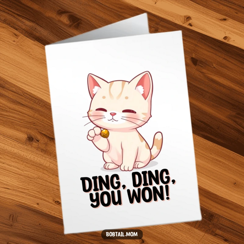 Funny Free Printable Congratulations Card: A Bobtail cat using a dainty paw to tap a small bell, celebrating.