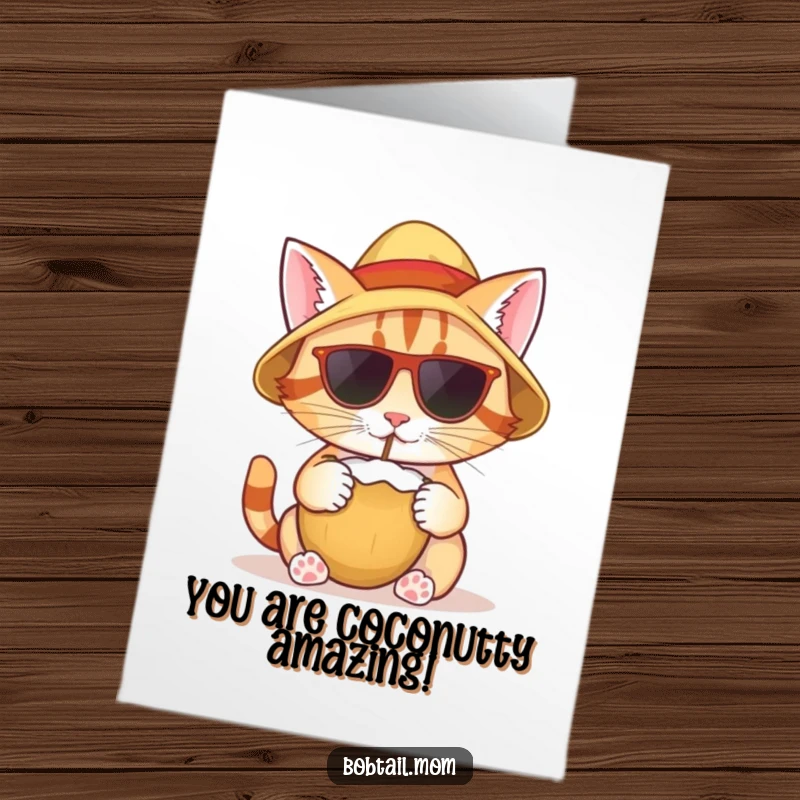 Funny Free Printable congratulations card of a bobtail cat wearing a sun hat, enjoying a refreshing coconut drink.