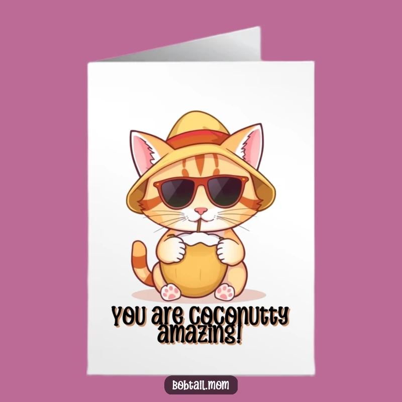 Free Printable Congrats Card: Tropical Bobtail Cat Coconut Drink - Vacation Vibes - DIY Gift