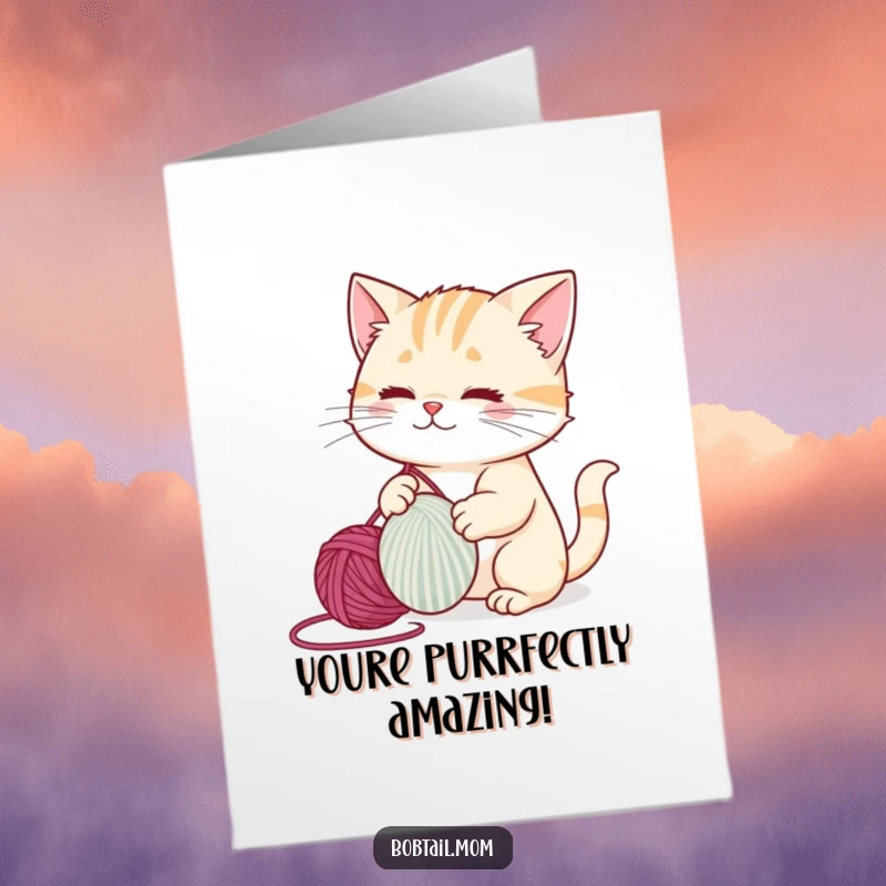 Free Printable Congratulations Card: Adorable bobtail cat gleefully batting a ball of yarn, a joyous occasion.