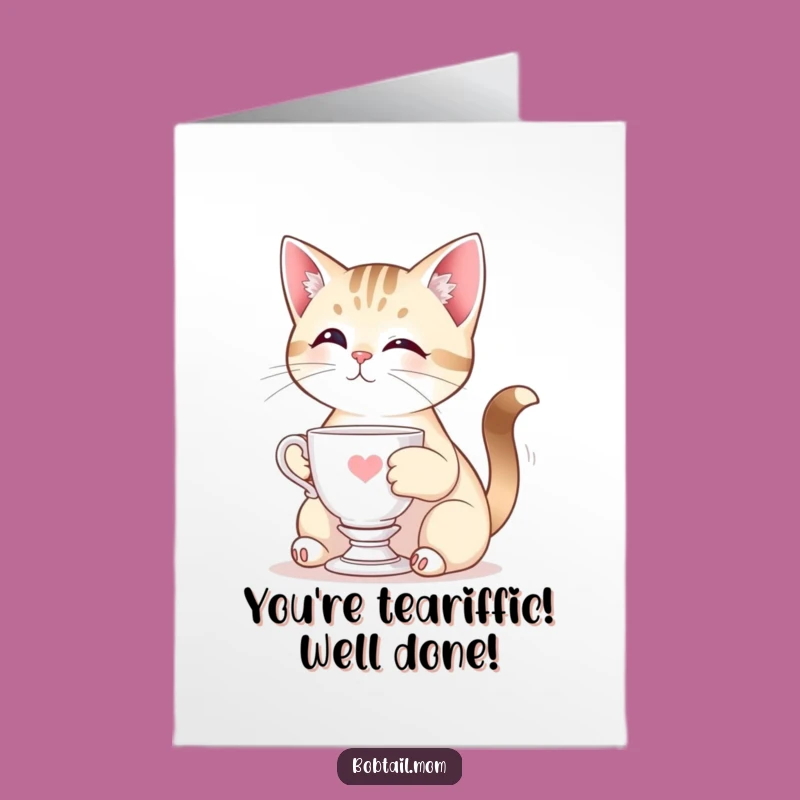 Free Printable Elegant Bobtail Cat Teacup Congrats Card - Funny Downloadable Gift