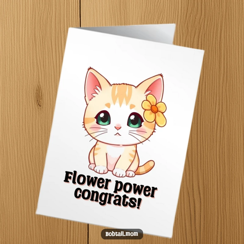 Cute Free Printable Congratulations Card: Bobtail cat wearing a bright flower, looking curious about your wonderful news.