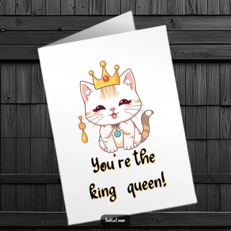Funny Free Printable Royal Cat Congratulations Card: Bobtail cat wearing a playful crown, batting at a charm, celebrating a win.