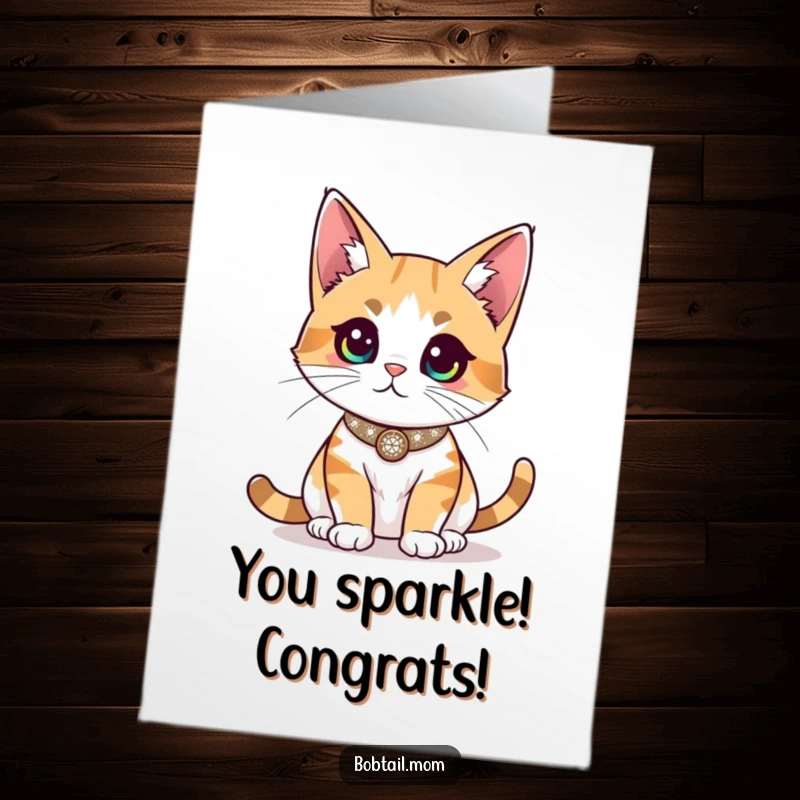 Funny Free Printable Congratulations Card: Bobtail cat wearing a sparkly collar, surveying the room with confidence, celebrating success, print at home.