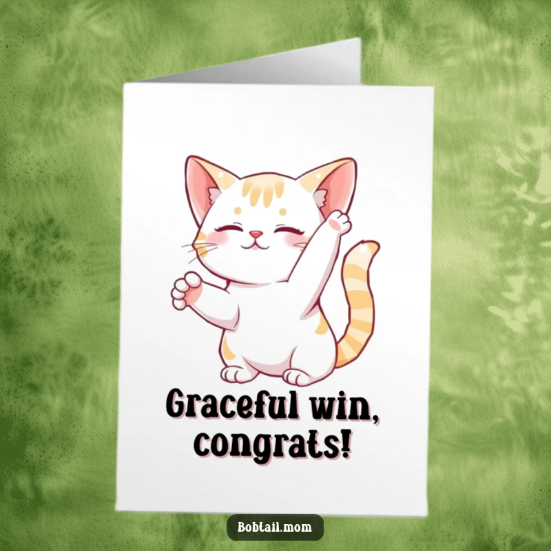 Funny Free Printable Congratulations Card: A bobtail cat elegantly stretches out its paws in a celebratory pose.