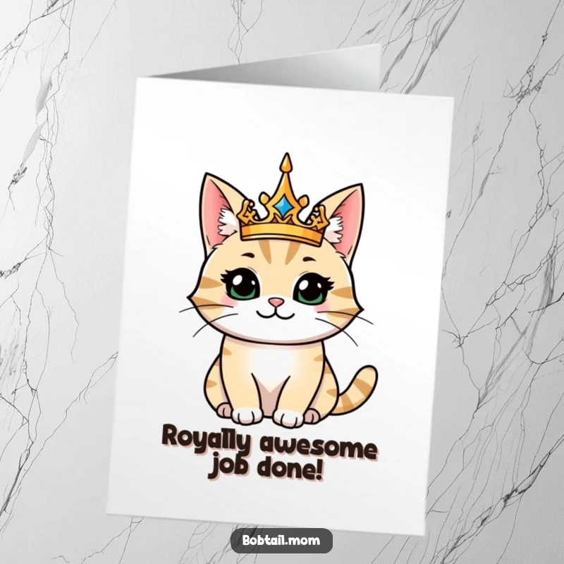 Funny Free Printable Congratulations Card: A bobtail cat wearing a crown, smiling majestically, celebrating success.
