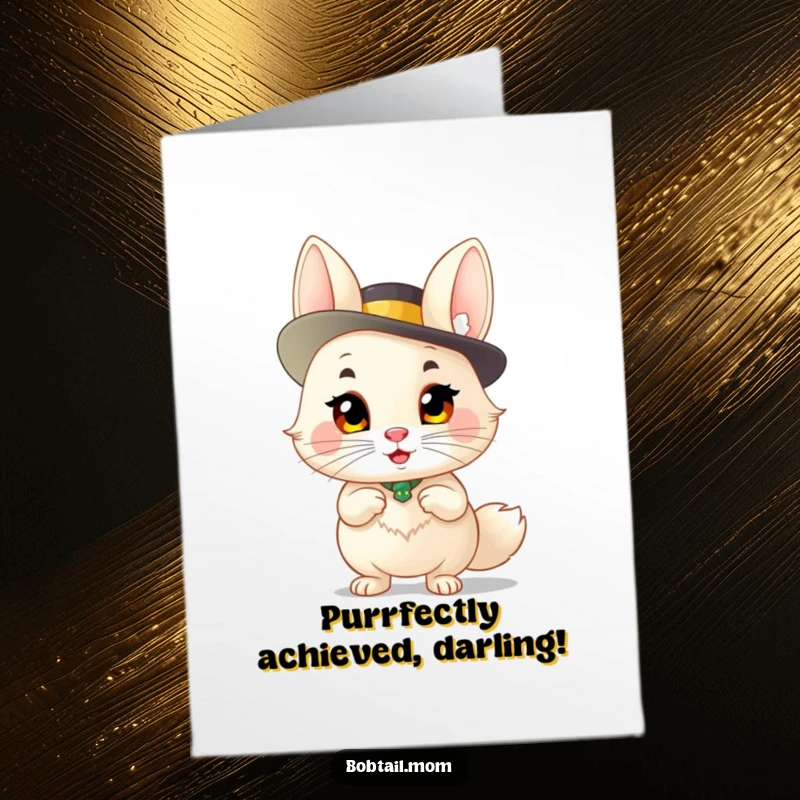 Funny Free Printable Congratulations Card: Sassy Bobtail in a hat, celebrating success with a playful and proud pose.