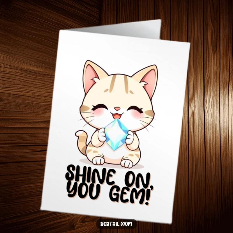 Funny Free Printable Congratulations Card: Cheerful Bobtail cat holding a sparkling gem, celebrating a successful win.