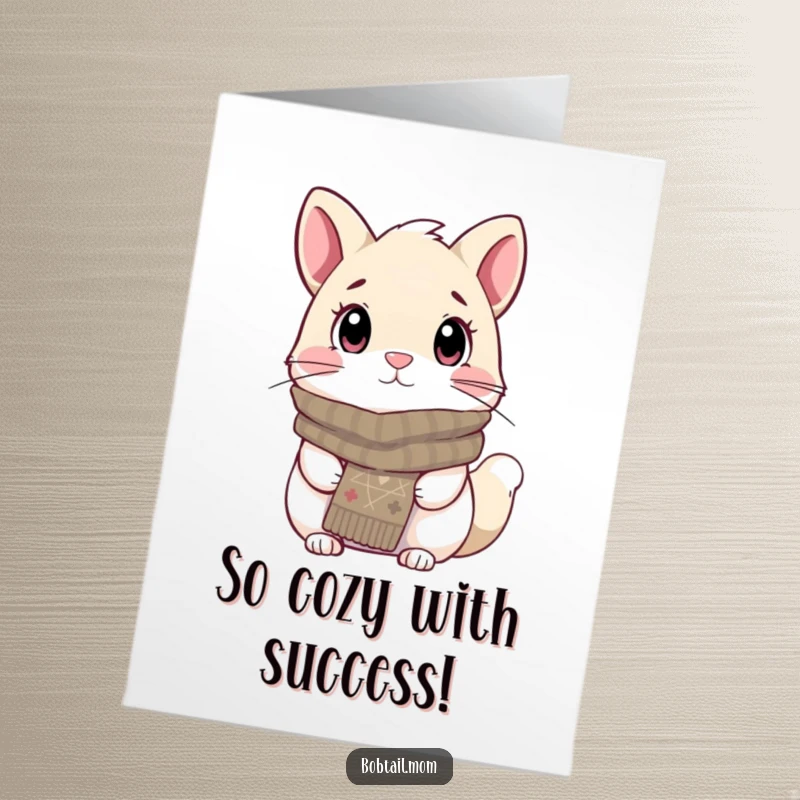 Funny Free Printable Congrats Card: A Bobtail cat adorned in a knitted scarf, looking cozy and attentive, celebrates your success.