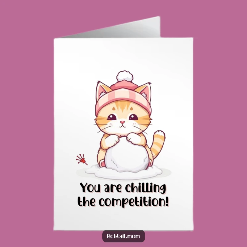 Free Printable Congrats Card: Snowy Bobtail Cat Building Snowball - Winter Fun - DIY Gift