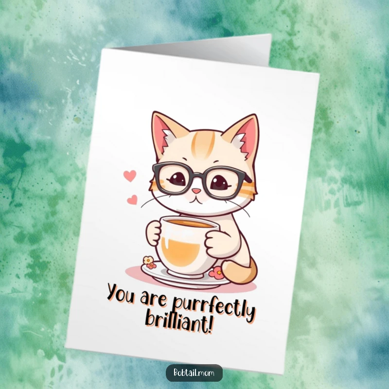 Funny Free Printable congratulations card depicting a bobtail cat in reading glasses, holding a teacup, looking intelligent and pleased.