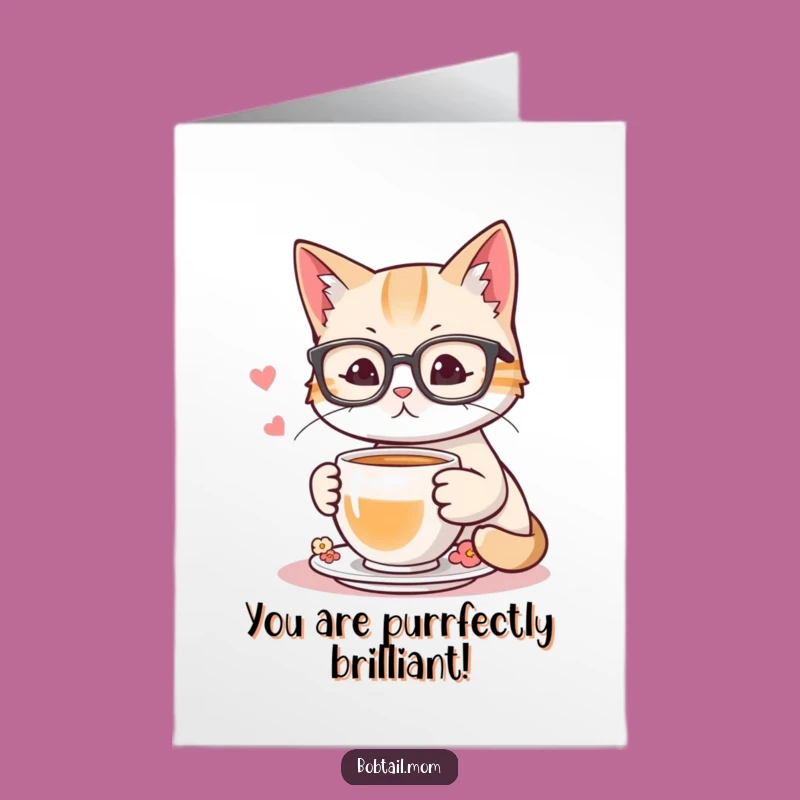 Free Printable Congrats Card: Scholarly Bobtail Cat With Glasses - Tea Time - DIY Gift